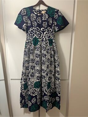 Vintage Navy Floral Maxi Dress with Green Accents